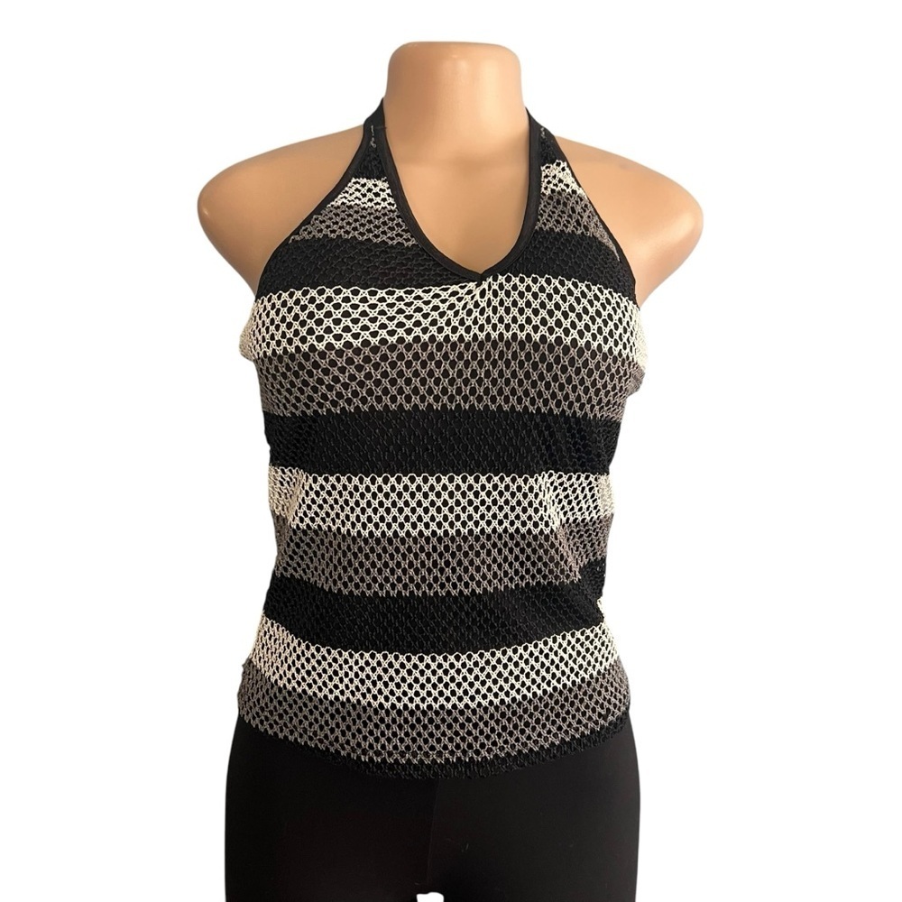 Wild Cat USA Y2K Black and White Striped Halter Neck Mesh Top - Picture 1 of 8